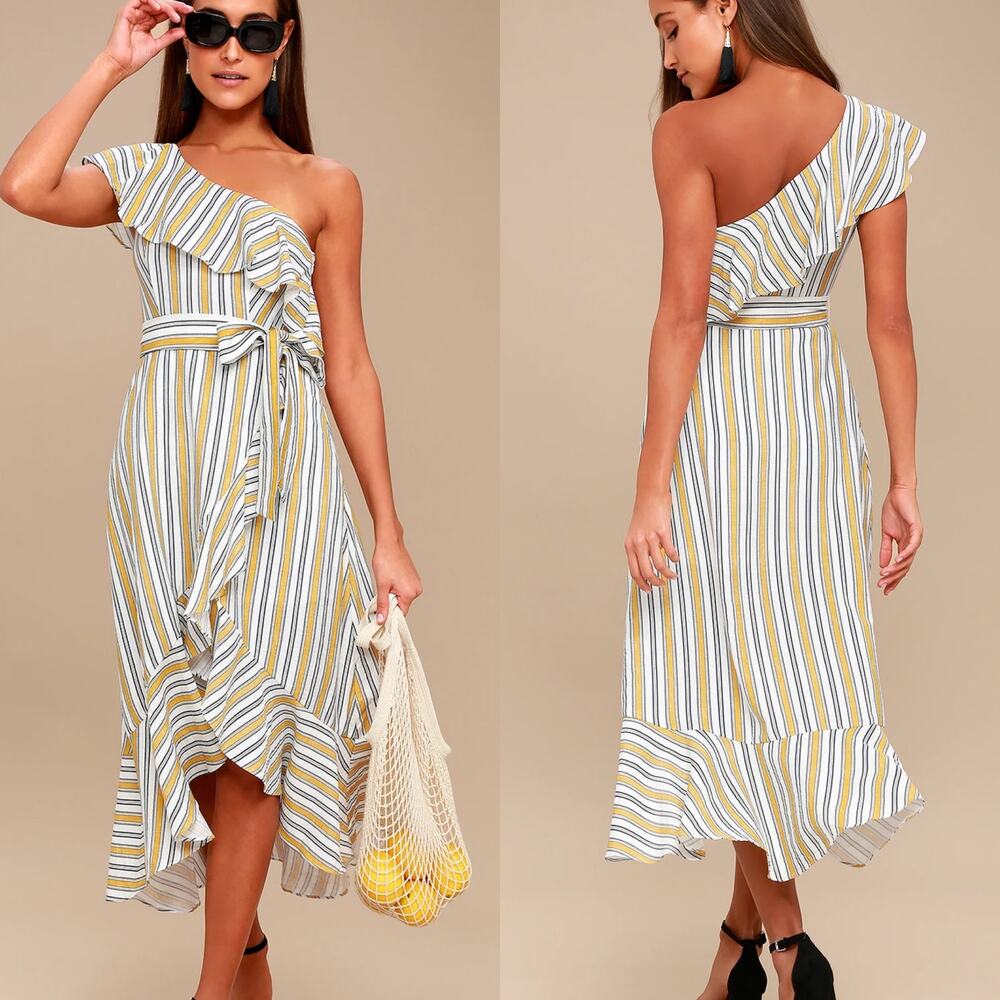 Lulus High Tide Yellow Striped One Shoulder Midi Dress